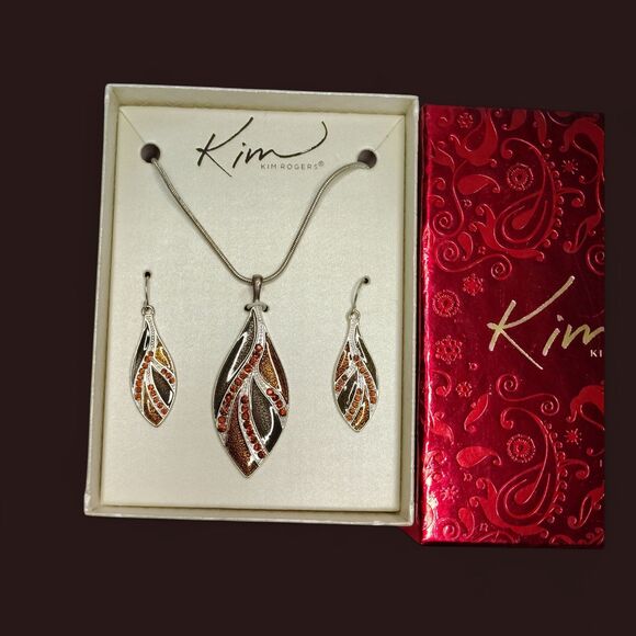 Kim Rogers Jewelry - Kim Rogers Leaf Necklace Earrings Set Silvertone Pendant Gift Box Enamel Jewelry
